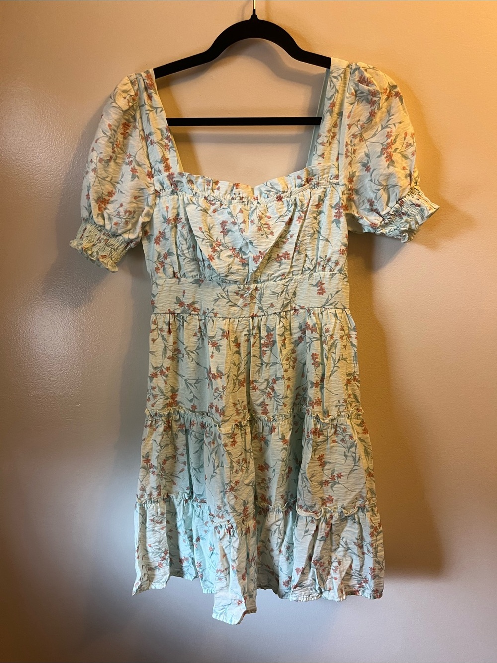 mine Pale Blue Floral Mini Dress with Puff Sleeves